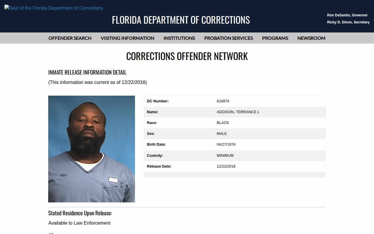 Florida Department of Corrections released offender record for Flagler County verification
