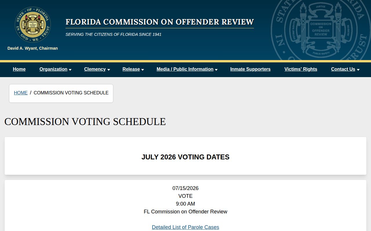 Florida Commission on Offender Review parole schedule for Flagler County release verification