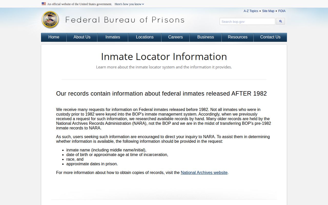 Federal Bureau of Prisons locator release limits for Flagler County records