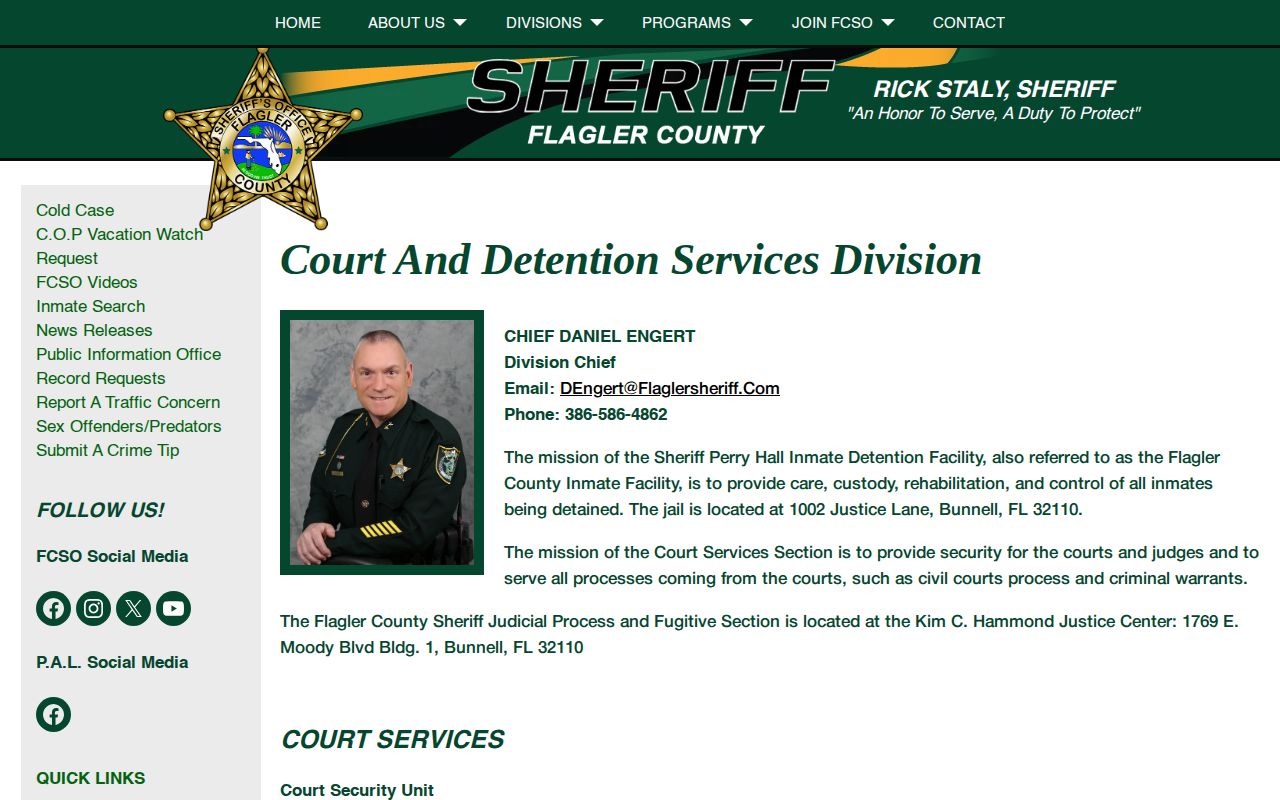 Sheriff Perry Hall Inmate Detention Facility release information in Flagler County