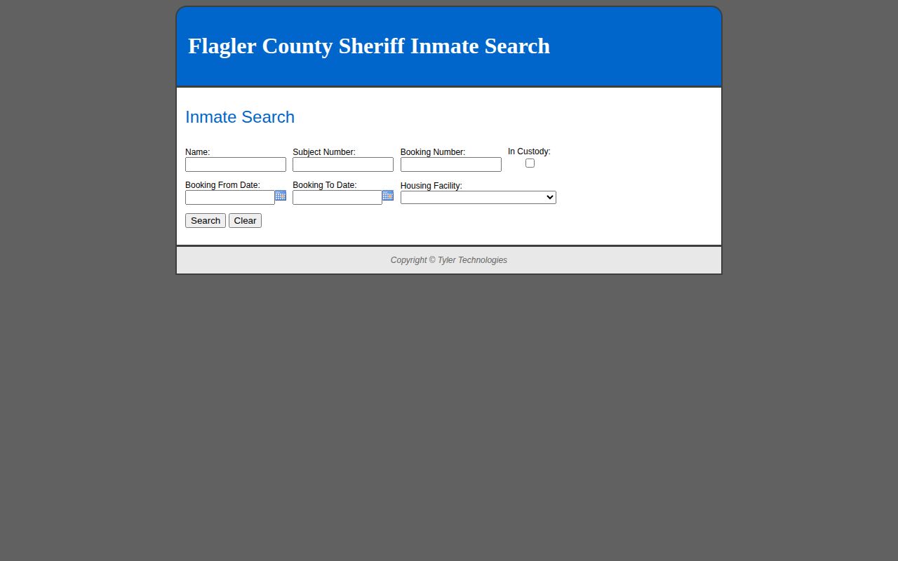 Flagler County released inmate search form with the In Custody option