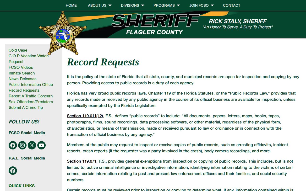 Flagler County 24-hour jail release records request page