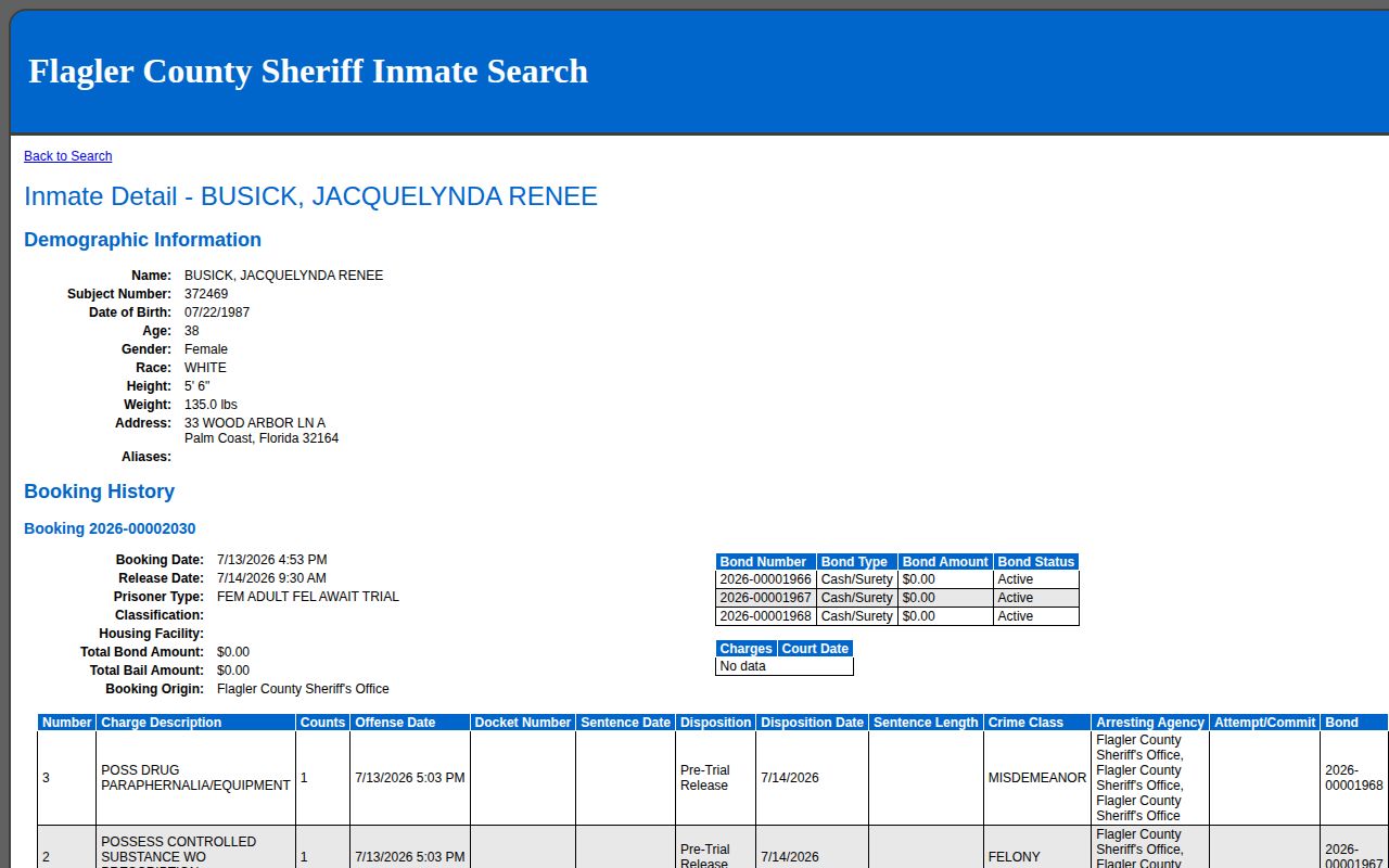 Flagler County released inmate booking record showing the Release Date field